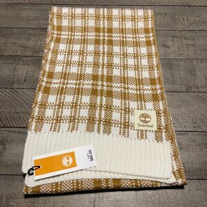 Timberland Knit Scarf Buffalo Plaid Wheat Beige Off-White NWT 10" x 66"